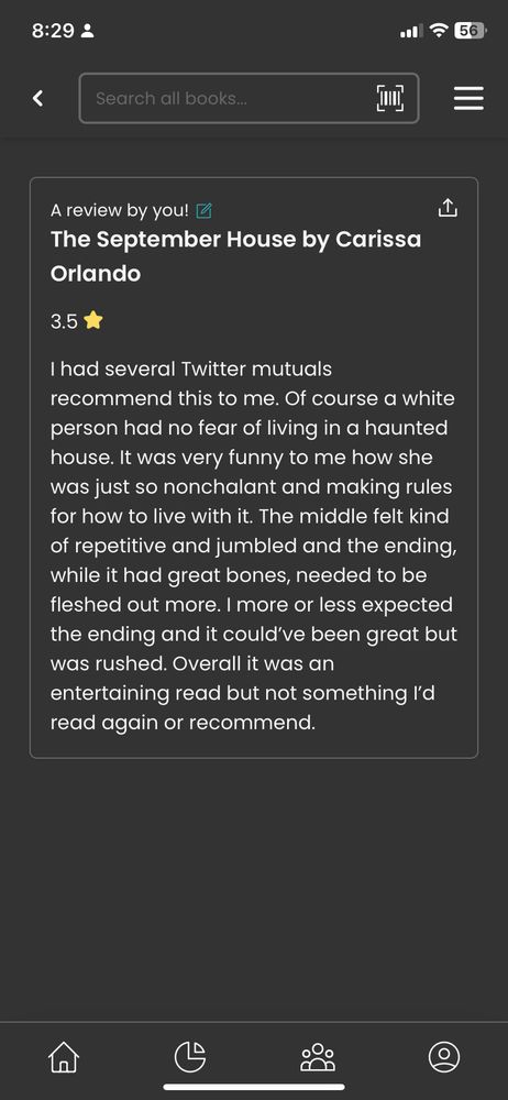 I had several Twitter mutuals recommend this to me. Of course a white person had no fear of living in a haunted house. It was very funny to me how she was just so nonchalant and making rules for how to live with it. The middle felt kind of repetitive and jumbled and the ending, while it had great bones, needed to be fleshed out more. I more or less expected the ending and it could’ve been great but was rushed. Overall it was an entertaining read but not something I’d read again or recommend.
