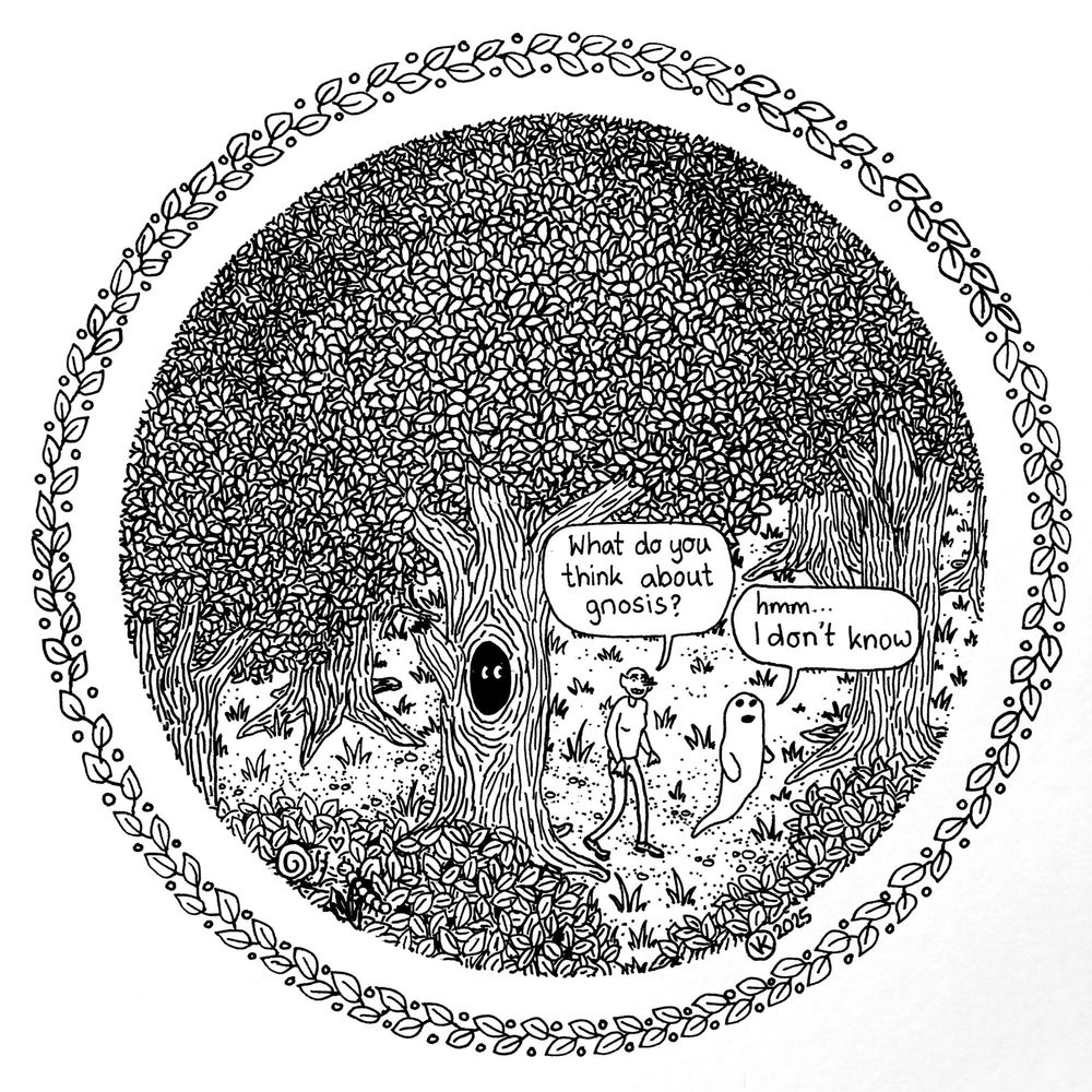 A circle shaped line drawing of a ghost and a goblin walking through a forest. Goblin asks "what do you think about gnosis?" And Ghost replies "hmm... I don't know"