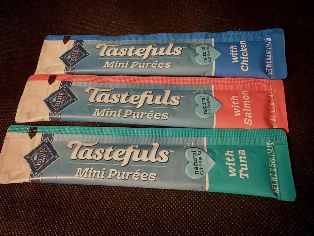 A new product for cat training from Blue Buffalo, Tastefuls, squeeze tubes of puree (tuna, salmon, chicken). Will it be as beloved as churu though?
