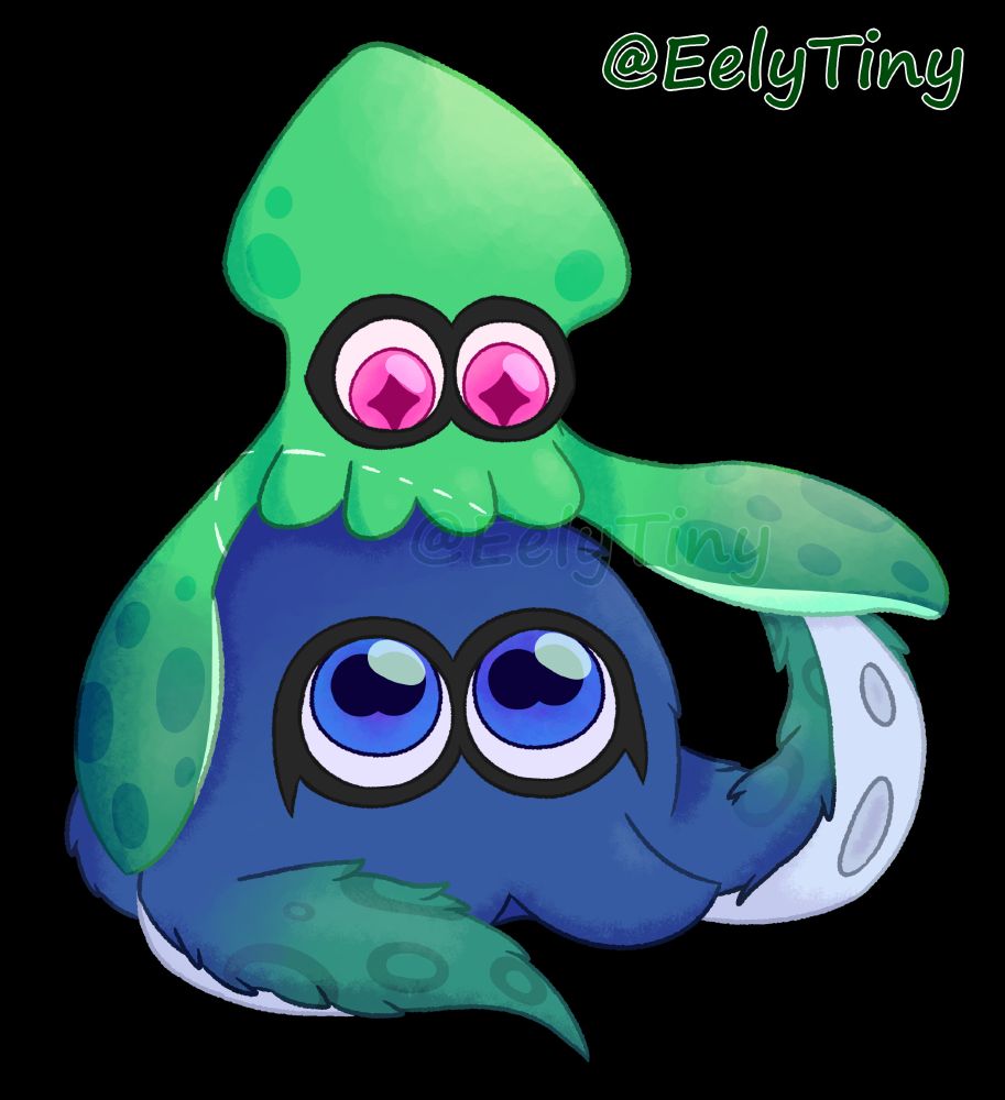 A minty green squid (Raza) just sitting on top of a blue octopus (Roe)