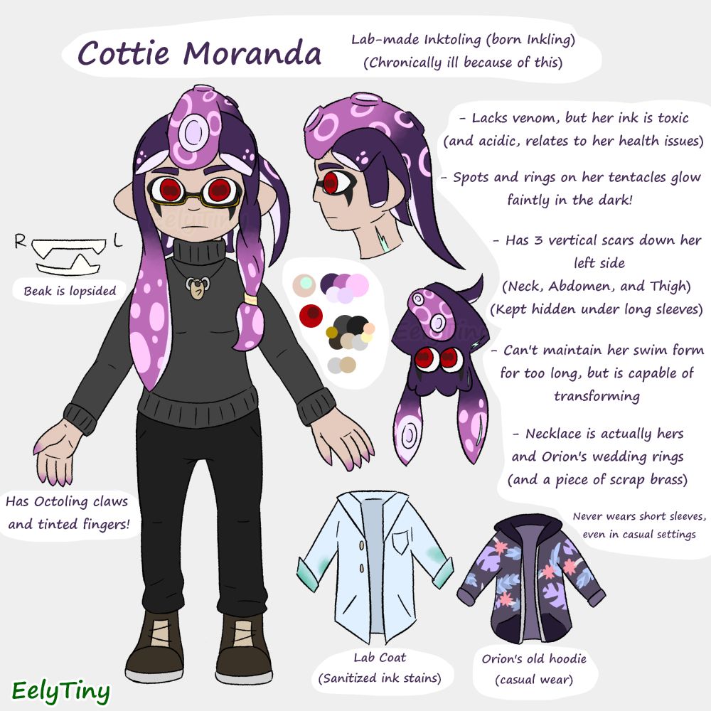 (transcribing the text just in case it's too small to read!)

Cottie Moranda / Lab-made inktoling (born Inkling) (chronically ill because of this)

- Lacks venom, but her ink is toxic (and acidic, relates to her health issues)

- Spots and rings on her tentacles glow faintly in the dark!

- Has 3 vertical scars down her left side (Neck, Abdomen, and Thigh) (Kept hidden under long sleeves)

- Cant maintain her swim form for too long, but is capable of transforming

- Necklace is actually hers and Orion's wedding rings (and a piece of scrap brass)

Never wears short sleeves, even in casual settings

[Under the beak drawing]
Beak is lopsided

[Under her right hand]
Has Octoling claws and tinted fingers!

[Under her lab coat]
Lab Coat (Sanitized ink stains)

[Under her hoodie]
Orion's old hoodie (casual wear)