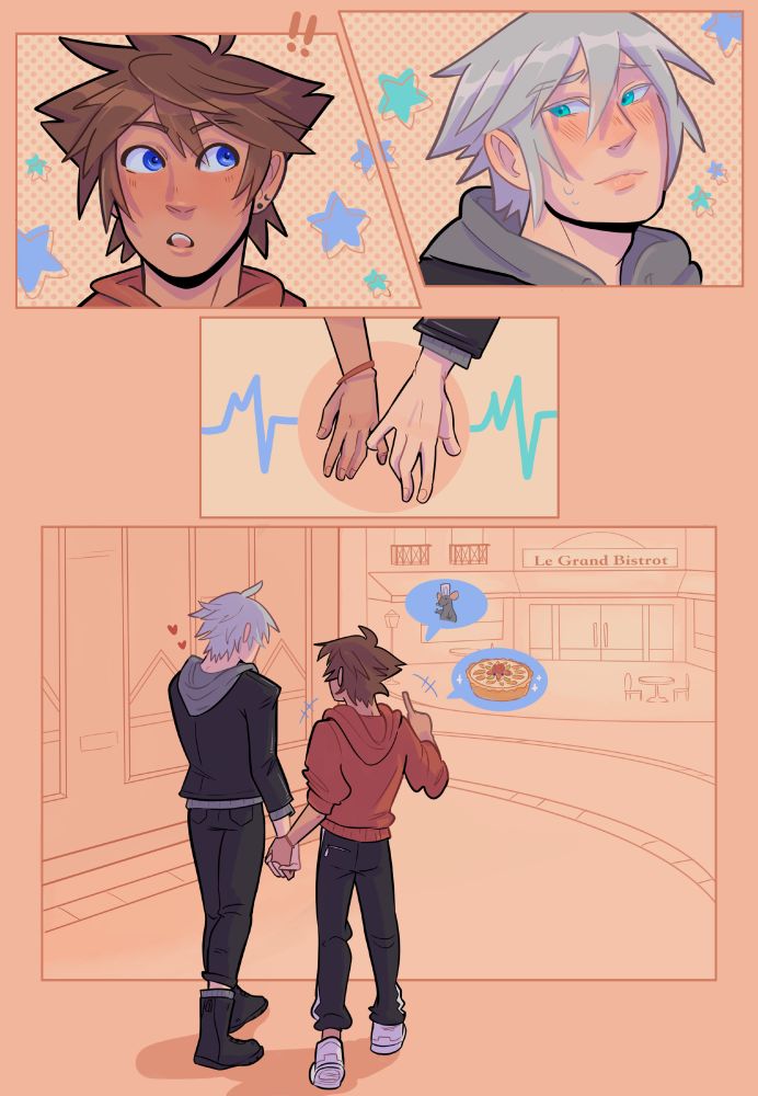 Panel 1: Sora looking to the right at Riku with '!!' above his head.
Panel 2: Riku looking to the left at Sora, looking a bit embarrassed.
Panel 3: Riku hooking his pinkie with Sora's with a pulse/electricity in the background.
Panel 4: Sora and Riku holding hands fully while walking towards Le Grand Bistrot in Twilight Town. Sora is talking about Little Chef and tarte aux fruits.