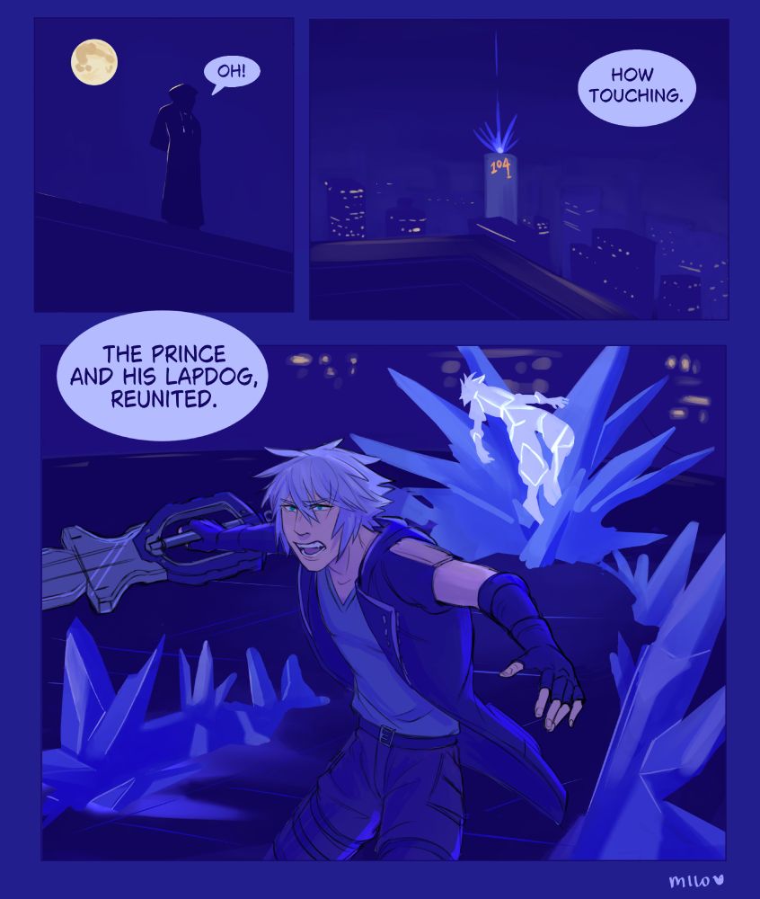 A 3 panel comic about Kingdom Hearts. 
Panel 1: the Master of Masters standing on a building with the moon behind him. He says, "Oh!"
Panel 2: A frame of Quadratum with a beam of light shooting from the 104 building. MoM says, "How touching."
Panel 3: Riku, snarling at unseen enemies while guarding Sora's crystalized body. MoM (not pictured) comments, "the prince and his lapdog, reunited."