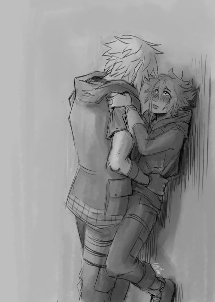 Riku pressing Sora up against a wall.