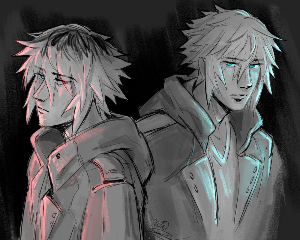 Not much, just a render practice of Riku and Yozora from the chest up. Maybe they're both looking at Sora off camera. Honest, I just wanted to draw two pretty guard dogs who are a little too preoccupied with one specific guy