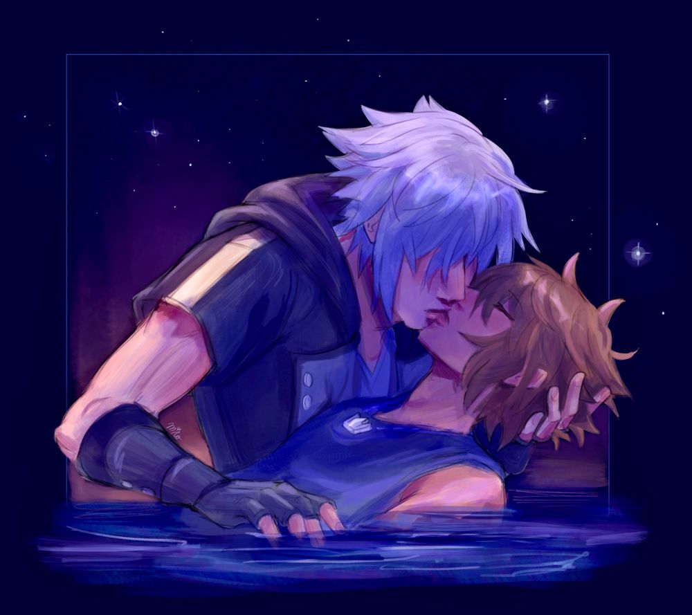 Riku cradling Sora's head, leaning in to kiss him. 