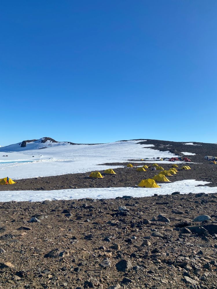 Bright yellow polar tents are scattered across a rocky flat in front of a snow covered hill. This is our tent city 