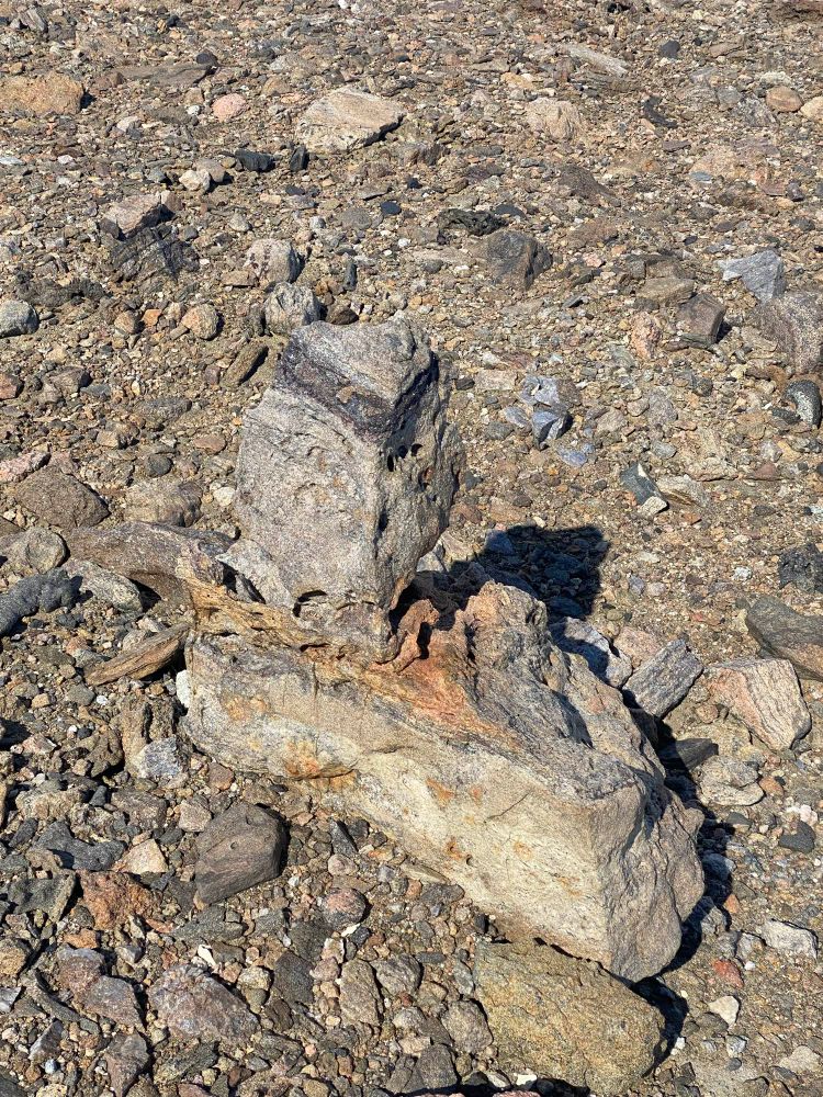 A rock eroded to have a balancing peak on top of a flatter rock; Bunger Hills, Antarctica 