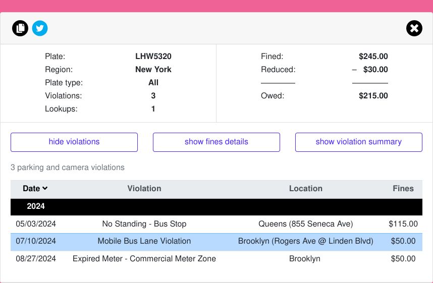 Record of tickets accrued by vehicle via howsmydrivingny.nyc