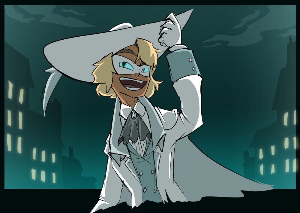 A colored sketch of Wraith, a young man with tan skin and blonde hair, freckles on his face, dressed in a white mask, coat, cape and wide-brim hat, tipping said hat with his finger as he smiles, with the minimalistic silhouettes of buildings at night in the background.