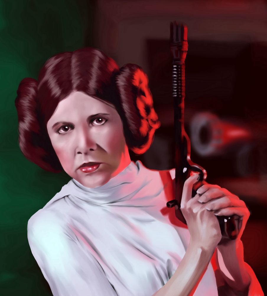 Digital painting of Princess Leia Organa (Carrie Fisher) from Star Wars. She is holding a gun and carefully trying to avoid the stormtroopers that are invading her ship. She isn’t happy, but ready to fight. Coloring is mostly green, red and white.