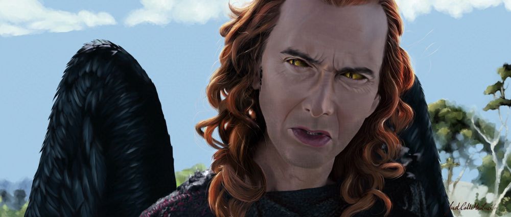 Digital painting of Crowley (David Tennant) from the Good Omens TV show. It’s a scene from the show, where Crowley and Aziraphale stand on the wall of Eden and talk.
He’s looking at Aziraphale (not pictured), a bit sceptical. His hair is in long red locks, his eyes are full yellow, he’s got his wings out. A bit of Eden in the background.