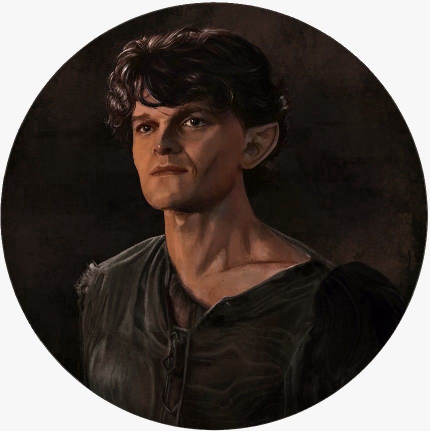 Digital painting of Elrond (Robert Aramayo) from The Rings of Power TV show, in a circle.
Dark warm brown tones overall. 
He was hiding in Círdans workshop after jumping down a waterfall to escape with the rings from Gil-Galad and Galadriel. So he looks a bit disheveled, showing a lot of.. neck. Uhm… 