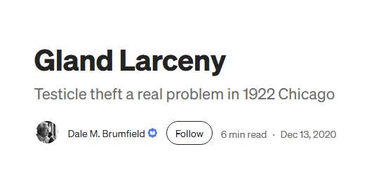 Headline reads "Gland Larceny: testicle theft a real problem in 1922 Chicago". Author is Dale M. Brumfield, dated Dec 13th 2020.