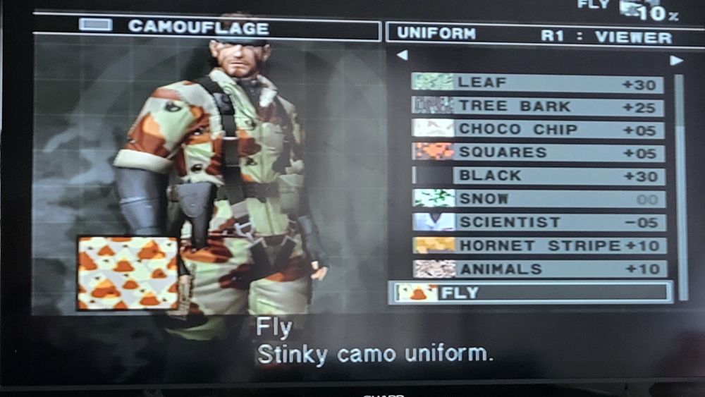 old man takes photo of tv screen: ft. jack "naked snake" metalgear wearing his poop suit