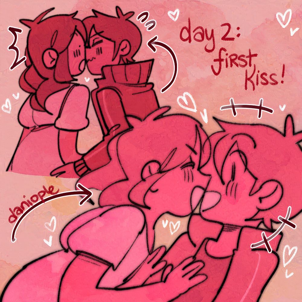 An incredibly pink illustration of Shintaro nervously leaning over to kiss Ayano, who reacts with surprise. This is followed up with a closeup of Ayano returning the kiss with glee, Shintaro smiling with delightful surprise.