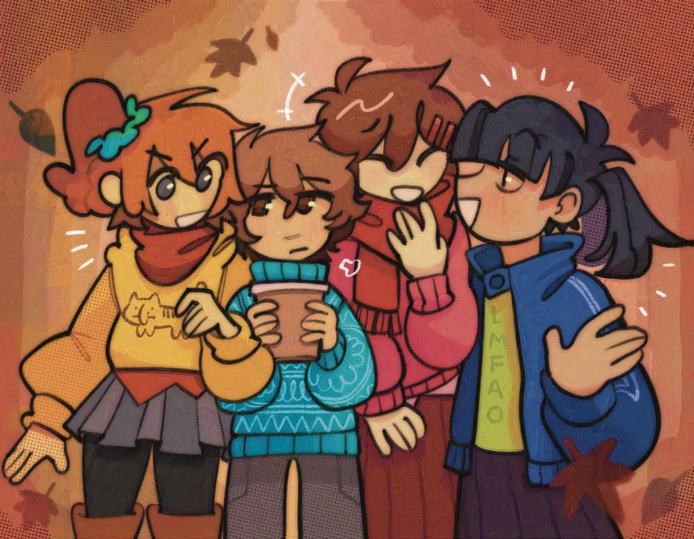 An autumn scene with Momo, Hibiya, Ayano, and Takane in various fall clothing: sweaters, scarves and jackets. Orange and brown leaves fall as they talk amongst each other. Hibiya looks amused at whatever Momo is eagerly saying, while Ayano laughs at something Takane says.
