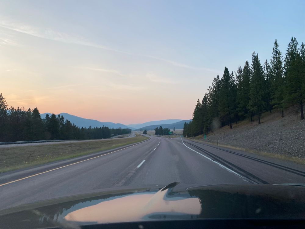 I-90 westbound in western Montana at sunset 
