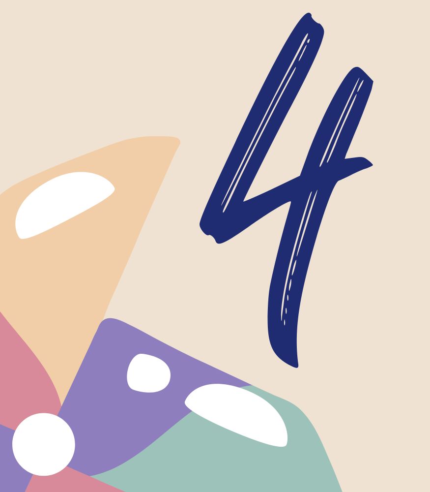 A blue "4" on a pale yellow background. Part of a pinwheel, which is yellow/purple/green/red, is peeking out of the bottom left corner.