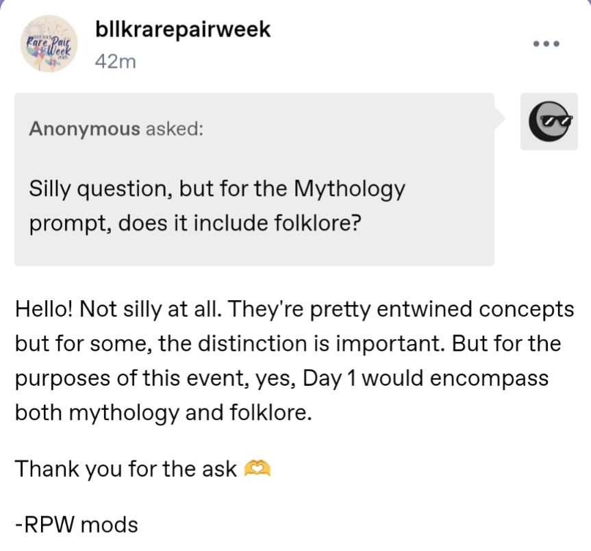 An ask on Tumblr, inquiring whether the Mythology prompt for Day 1 includes folklore? The response is yes. 