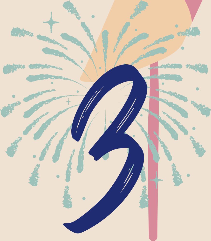 A blue "3" atop a pale green firework, atop a red & yellow pinwheel, on a pale yellow background