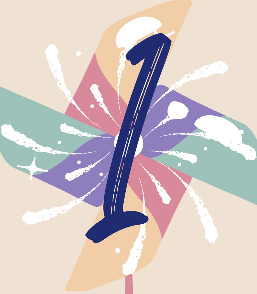 A blue "1" overlaid on a white firework,  overlaid on a red/yellow/purple/green pinwheel, on a pale yellow background