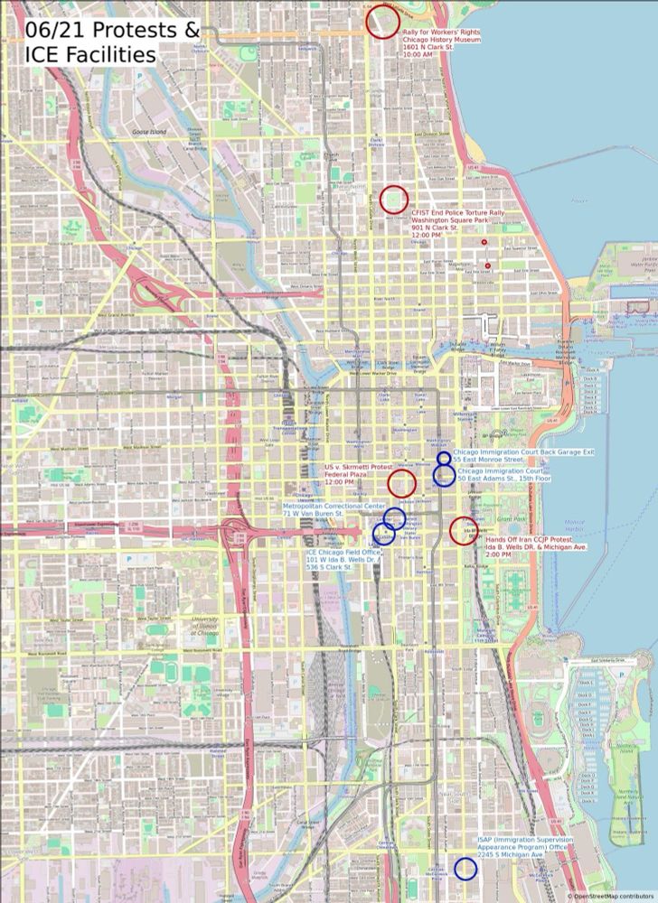 Map of protest locations and ICE facilities in Chicago