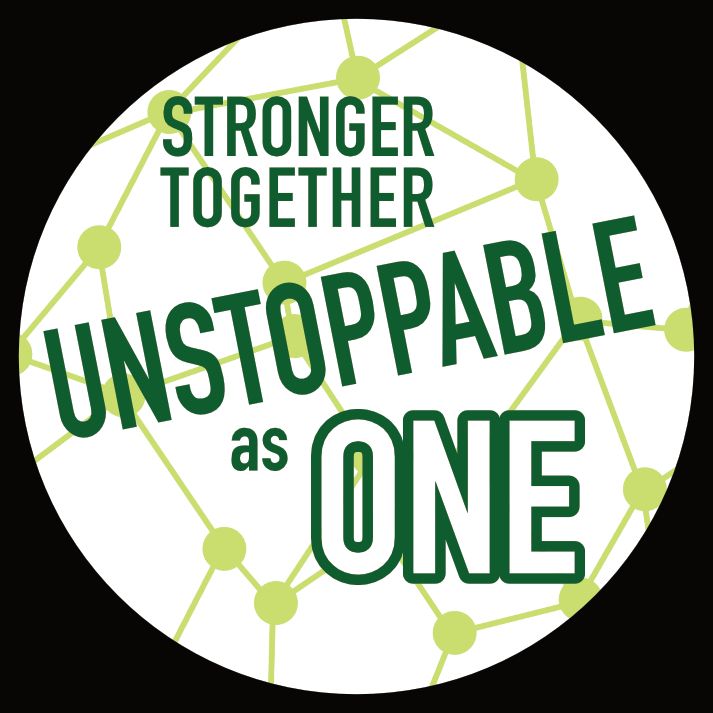 Button design with green decentralized pattern in the background reading “stronger together, unstoppable as one”