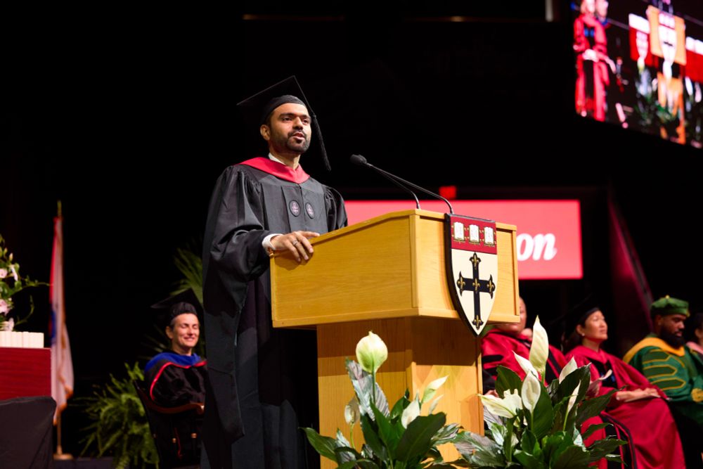 Muhammad Jawad Noon, MPH ‘25, addresses his fellow graduates in the Class of 2025 during the Convocation ceremony.
