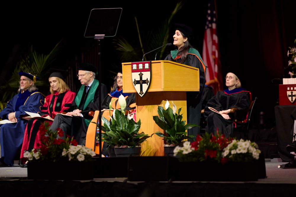 Convocation speaker Dr. Celine Gounder addresses the Harvard Chan School of Public Health Class of 2025 during the Convocation ceremony.