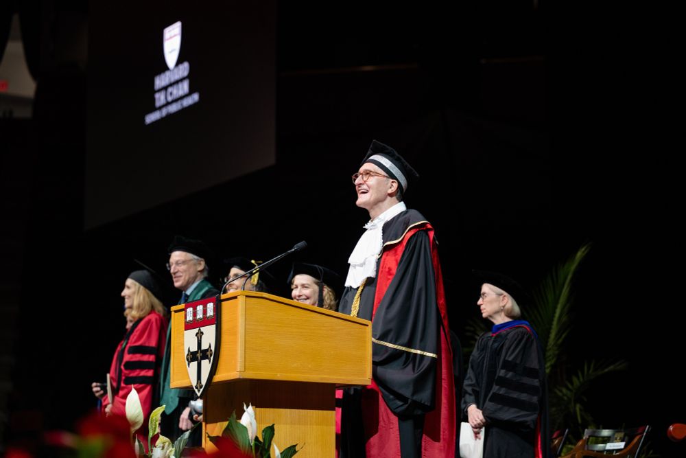 Dean Andrea Baccarelli addresses the Harvard Chan School of Public Health Class of 2025 during the Convocation ceremony.