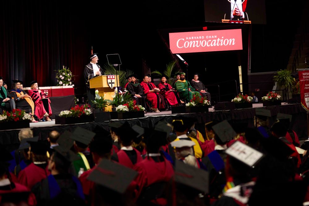 Dean Andrea Baccarelli addresses the Harvard Chan School of Public Health Class of 2025 during the Convocation ceremony.