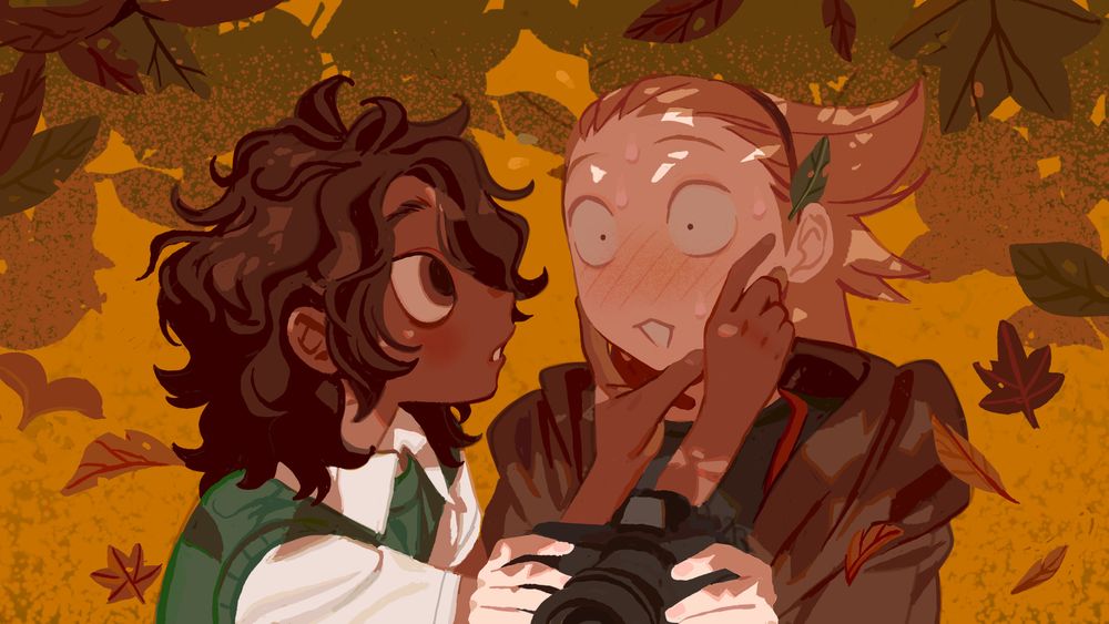 Ruben and Dodo from my webcomic Dodo Deprived, standing under a tree with falling leaves. Dodo is holding a camera and blushes as Ruben tries holds his face trying to remove a leaf stuck on his hair.