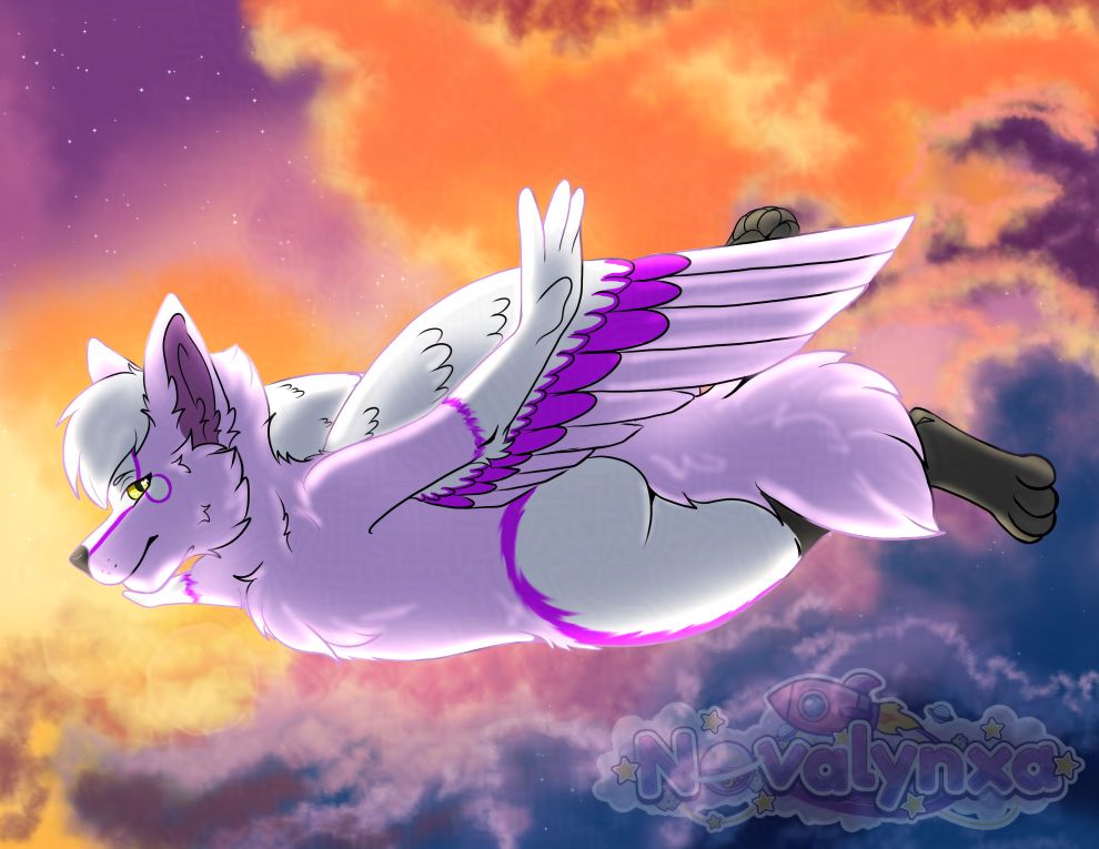 My 200 Follower's Raffle Piece!

A pink canine with white markings on their hips, forearms, face and wings with black feet soars over clouds with a setting sun behind them.