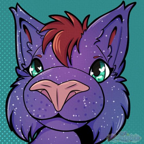 Chibi "Dog Island" drawing of Nova the purple anthro galaxy lynx. Her muzzle is enlarged via perspective.