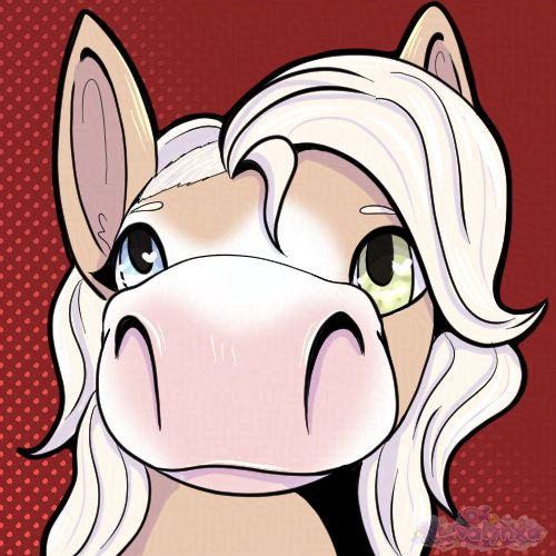 Chibi "Dog Island" drawing of Celeste the horse. Her muzzle is enlarged via perspective.