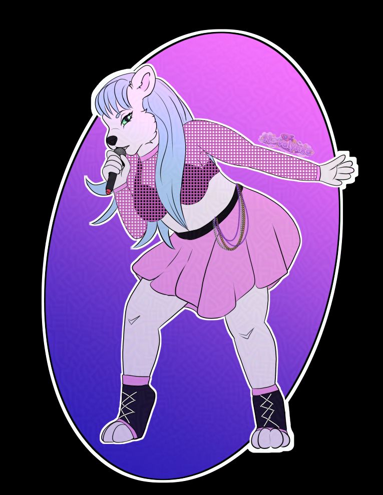 My 100 Follower's Raffle Piece!

A female polar bear with long icy blue hair is bent over holding a microphone. She is wearing a punk rock outfit with pink fishnets over a black bra.