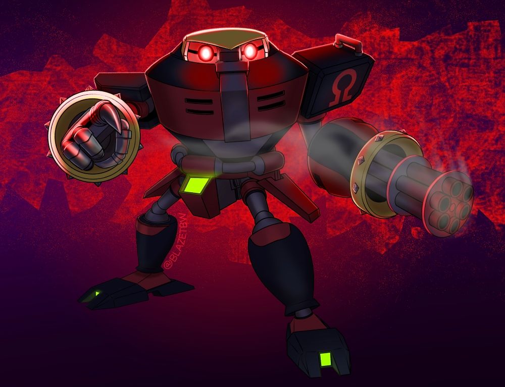 E123 Omega points directly at the viewer. 

Eyes glow bright red as his transformed artillery hand smokes after use.

Either run, or move, else you might be next.