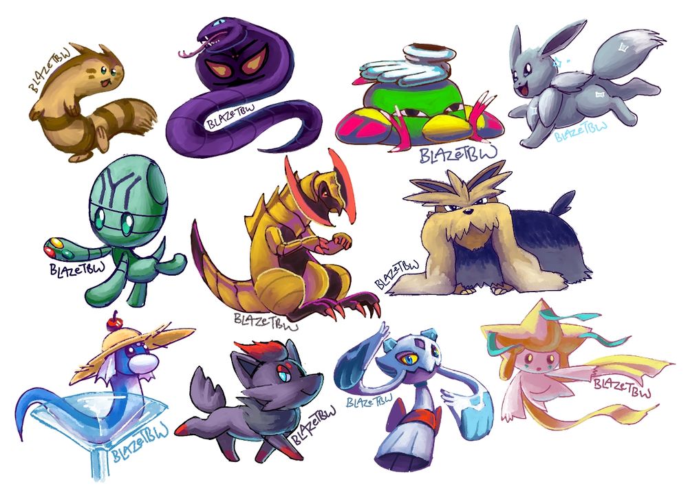 List of Pokemon, left to right, top to bottom:

Furret, Arbok, Natu being squished by a hand, Shiny Eevee, Elgyem  Haxorus, Stoutland, Dratini in a straw hat sitting in a martini glass, Zorua, Froslass, Jirachi