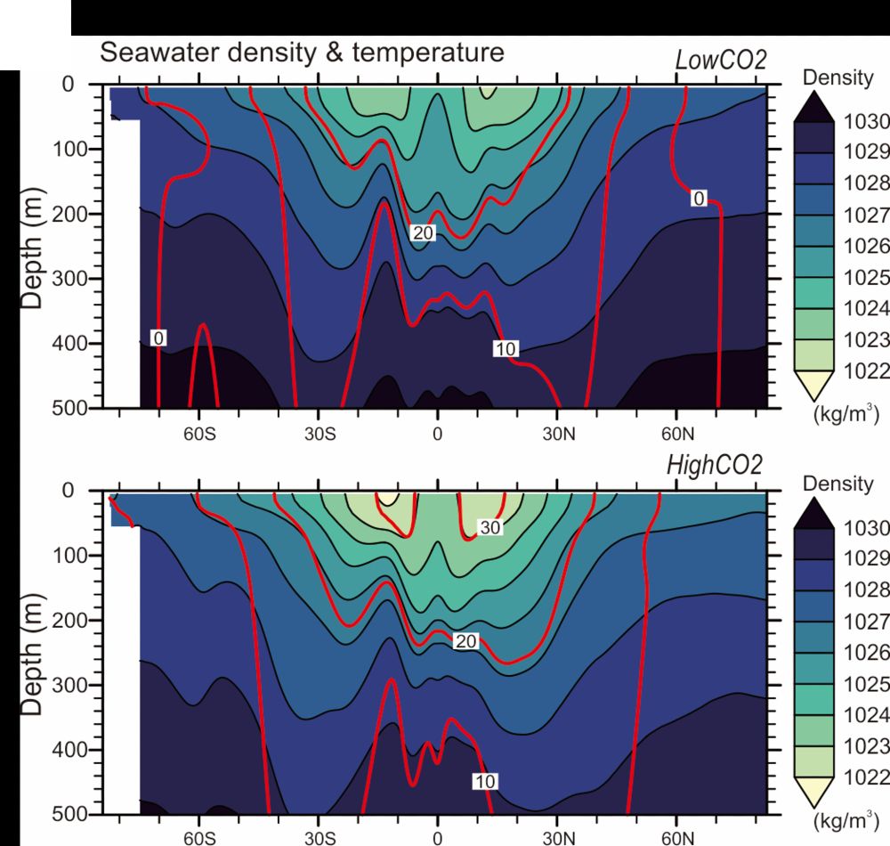 Simulations show the response of seawater density & temperature by depth for a doubling of CO2.  Sea surface salinity (i.e., density) increases at low CO2 due to sea ice formation, which excludes salt, thus creating briny water, whereas at high CO2 less sea ice formation leads to decreased density overall. 