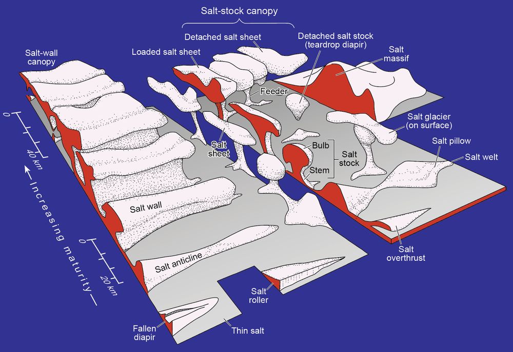 Block diagram showing the wide range of shapes that salt diapirs can assume.