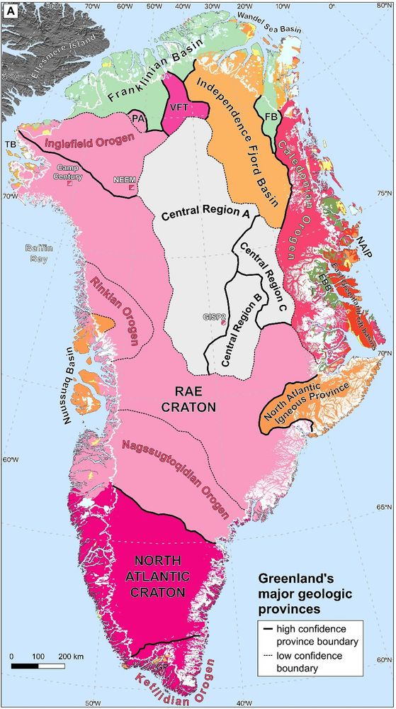 This is the new geological map of Greenland.  It is based on the set of geophysical surveys whose results are summarized in the maps in the previous figure.   The geological provinces are colored by age.   Three newly identified provinces (unshaded Regions A, B, and C) do not correspond to known provinces of the exposed periphery of Greenland. 