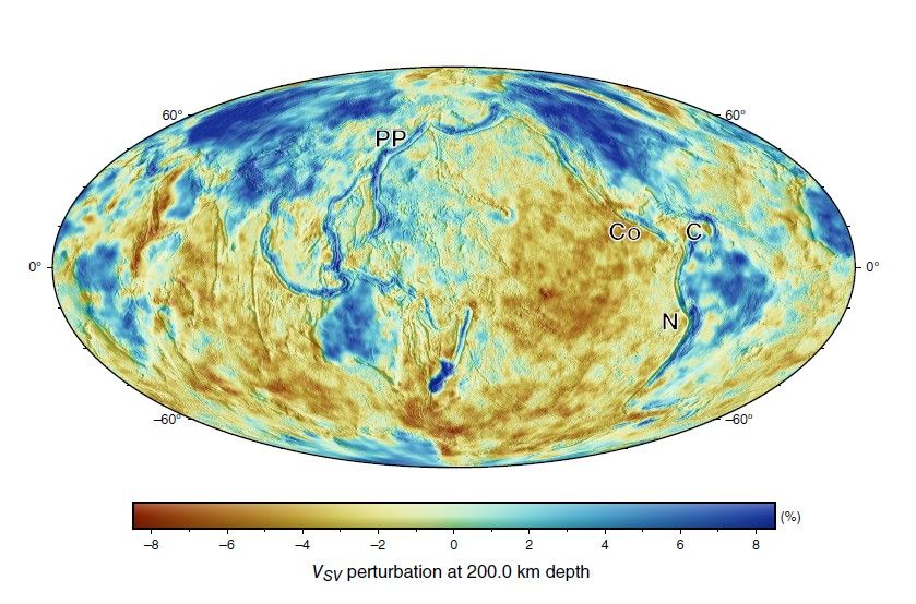 At a depth of around 200 km, subducting slabs come into sharper focus.  The figure shows several of these, including the Nazca (N), Cocos (Co), and Caribbean (C) slabs, as well as the almost continuous subduction of the Pacific plate (PP) beneath its neighboring plates toward Asia and Oceania.