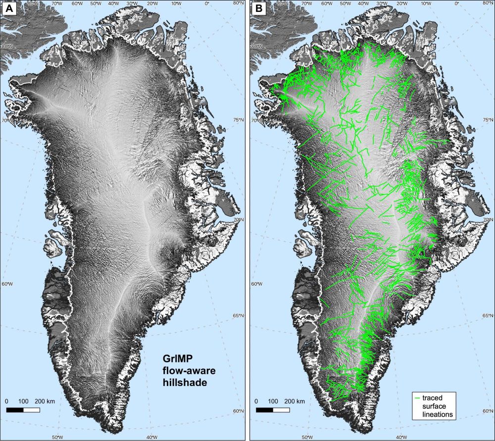 In the podcast, MacGregor describes a new method of visualizing the surface of the ice sheet in which the simulated illumination of a digital elevation model varies according to the direction of surface ice flow.  (A) Map of Greenland’s surface shaded using flow-aware hillshade, in which the artificial illumination direction (and corresponding shadows) at each pixel is 90 degrees counterclockwise to the ice-flow direction.  The resulting shading emphasizes small-scale variability in the ice-sheet surface slope, which is primarily related to variability in the topography under the ice.  The change in shading from the middle of the ice sheet to the periphery reflects the smaller slopes in the interior and the smaller surface bumps induced by subglacial topography, because as the ice thickness decreases, the surface becomes more sensitive to what is going on below.  The map is based on the laser altimetry data.  (B) The green lines are manual tracings of linear features in the map. GrIMP: Greenland Ice Mapping Project.  
