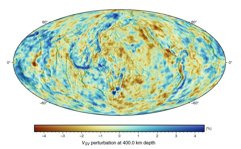 The slice at a depth of 400 km reveals the subducting slabs that have advanced deeper into the mantle along the direction of subduction. 