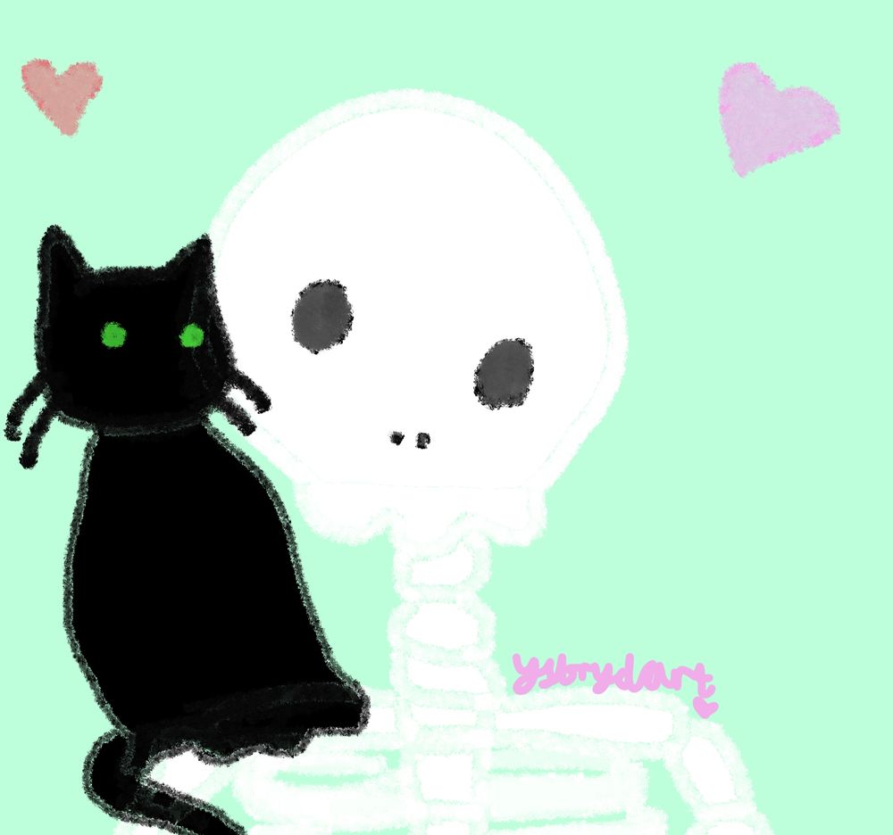 A digital drawing of a skeleton with a black cat on its shoulder