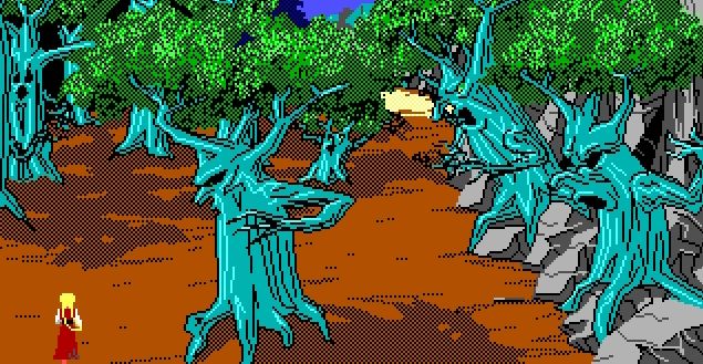 Screenshot of King's Quest IV. An adventure game. Image is of a forest with ominous trees their branches grasping out toward the protagonist character who is in the bottom left corner of the image.