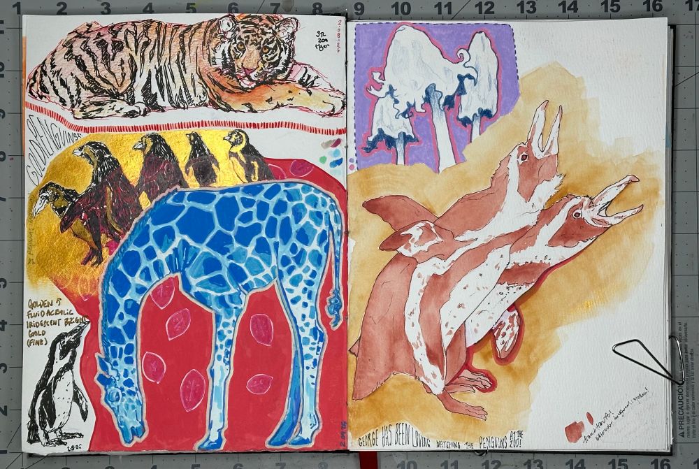 Colorful sketchbook spread animals tiger giraffe penguins mushrooms 