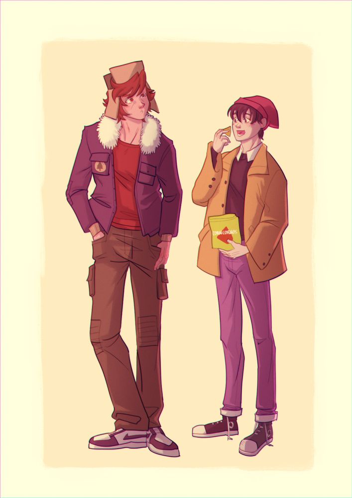 Two characters standing next to each other.
The left one its Dipper. Taller, with brown/redish hair, wearing a lamberjack hat, a blue jacket with sherpa, a red shirt, brown pants and 80's looking sneakers.
The one at the right (its eating some doritos version of their universe called corncornos) its Wirt. Shorter than Dipper, brown/dark hair that covers his eyes. He wears a red beanie, a black cotton sweater and a white t-shirt, a camel coat, jeans, and untied converse style shoes of different color.
The drawing mostly shows how I would like to draw the characters in my comic, with detailed shadows and some filters that I can't use on the everyday drawing due to deadlines making it imposible for my skills. Maybe one day I will be able to make a comic like that, but for now doing anything with color its enough.