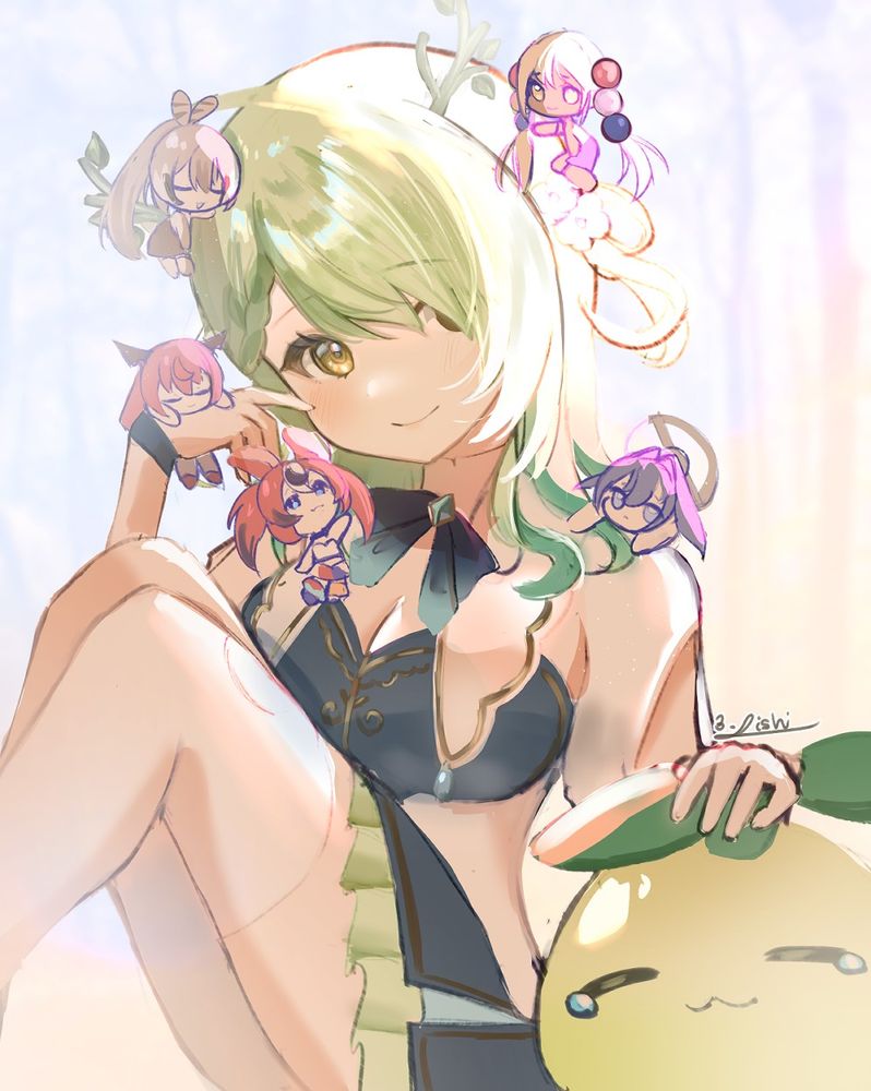 Ceres Fauna from Hololive English, recently graduated (retired) member of Hololive English, along with friends IRyS, Hakos Baelz, Ouro Kronii, Nanashi Mumei and Tsukumo Sana (alum). She is patting a sapling, her fanbase's mascot.

The art style is soft and painterly, with a focus on soft lighting and color blending. The lines are rather gentle and suggestive, giving the overall piece a dreamy atmosphere. 